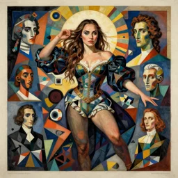 figurative avant garde postmodern monumental dynamic portrait of gal gadot by magritte and hogarth, inspired by william blake and gaugin, illusion surreal art, highly conceptual figurative art, intricate detailed illustration, controversial poster art, polish poster art, geometrical drawings