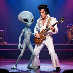 alien with elvis, grey alien, elvis, duet, ballad, las vegas lounge stage, 1 9 6 0 s, 8 5 mm, f / 2. 8, stage lighting, light haze
