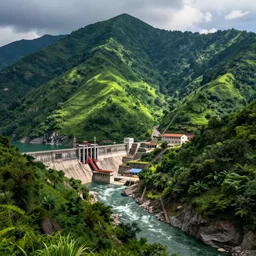 large construction of a dam on a mountain river, lush green