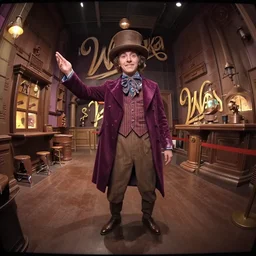 grainy security cam footage of Augustus Gloop at Willy Wonka's Chocolate Factory, extreme wide angle