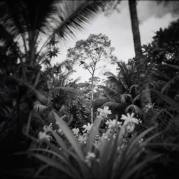 trees, flowers, tropical wood, birds in the sky, nostalgia, melancholy, pinhole analogue photo quality, lomography, blur, unfocus, cinematic, foil effect, holographic effect, monochrome