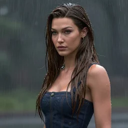 bella hadid under rain, beautiful long hair, by christophe vacher, trending on artstation, 3 d render octane