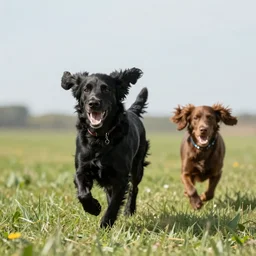 One black spaniel dog and one brown spaniel dog running in a meadow low angle realism epic background 4k