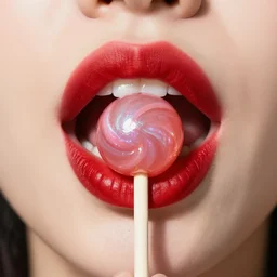 extreme close up of a woman's lips wearing red lipstick, iridescent lollipop