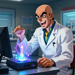 In the style of JoJos Bizarre Adventure: handsome bald italian scientist with beard wearing a white labcoat laughs maniacally at his glowing sparking video game computer console rgb invention on the lab table.