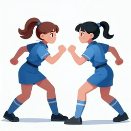 dramatic and colorful comic book illustration of two girls in blue uniforms fighting over a basketball, the girls have long black hair in the style of an alex ross marvels cover