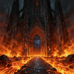 an obsidian gothic cathedral with a giant obsidian door and a path leading to it, in the elemental plane of fire, with rivers of lava surrounding it, Dungeon and Dragon illustration, painted by Greg Rutkowski, 4k, trending on ArtStation