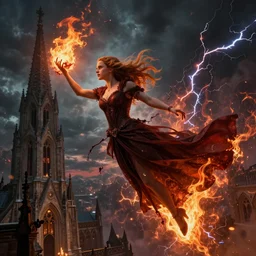 a highly detailed matte painting of emma watson as an unbelievably powerful sorceress floating high in the sky in a church, surrounded by fire in the air doing blood magic, viewed in profile from far away, crackling black electricity, aerial photography, ultrawide lens, art by artgerm and greg rutkowski and alphonse mucha, volumetric lighting, octane render, 4 k resolution, trending on artstation, masterpiece