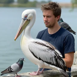 man with a pelican and a pigeon for pets