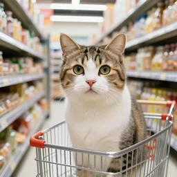 a cat shopping for groceries at a supermarket, photorealistic, high detail