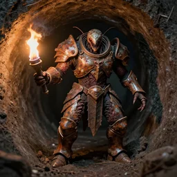 airbrush macro insect viscera | as god |, carapace rust chaos dystopic armor, wedged in sewer tunnel, chris foss, enric torres, alberto bontempi, feng zu hyper realism, narrative light, muted colors, epic, hyper detailed, awe inspiring, award winning horror, torch lighting, hyper realism, cinematical