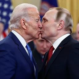 a detailed photo of joe biden and donald trump kissing, putin laughing, 8 k