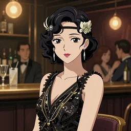 portrait of a beautiful girl with dark hair dressed in 1920's fashion, speakeasy bar background, mood lighting, ambient lighting, dynamic lighting, 4k, official media, anime key visual, makoto shinkai, ilya kuvshinov, lois van baarle, rossdraws, detailed, trending on artstation