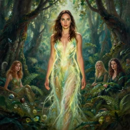 Full body photo of the beautiful woman Gal Gadot as a dryad, she has those characteristic sparkling green eyes, she is looking straight to the camera, she has a glow coming from her, she is getting illuminated for rays of light, behind her is an ancient forest full of life, the photo was taking by Annie Leibovitz, Ellie Victoria Gale and Steve McCurry, matte painting, oil painting, naturalism, 4k, 8k
