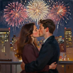 an oil painting of couple kissing, in a background fireworks in new york