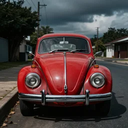 front view red car  oxidized in the street