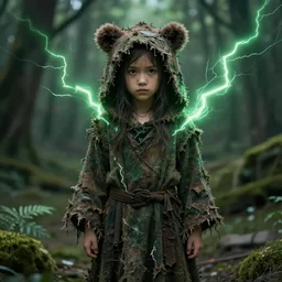 character and environment design, portrait 2 0 - year - old dark fantasy female druid, tattered bear hood and robe, full front, green lightning, zeiss 3 5 mm photography