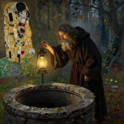 detailed and oil painting, hyper realistic | cinematic lighting, award - winning | the robed hermit leans with his lamp upon the abyss of the dark well in the misty forest | by henry fuseli, by gustav klimt, by william waterhouse and tom bagshaw | trending on artstation, cgsociety, official art, octane.