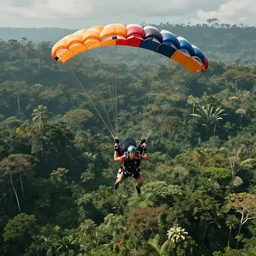 downward view of sky divers parachuting downward, Amazon jungle setting, Photorealistic, establishing shot, cinematic lighting, dramatic lighting, atmospheric, realistic, octane render, highly detailed, color graded, matte painting in the style of craig mullins