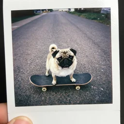 a pug on a skateboard drone view, polaroid, realistic