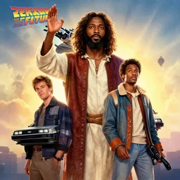 3 d vfx - movie poster - art of an african jesus jesus and a flying delorean, back 2 the future, art style by drew struzan, joseph christian leyendecker & ernie barnes, unreal engine render, digital illustration, sharp, intricate detail, volumetric light, ray tracing, golden hour, pinterest, artstation, behance