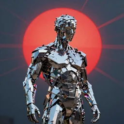 realistic 8k Roberto Ferri Sculpture of random jagged reflective metal pieces forming the shape of a person silhouetted by a bright red sun, volumetric god rays, glinting metal, neon colors, cyberpunk, smooth, sharp focus, 24mm lens, DOF, hyper realistic, art by Greg Rutkowski and Ruan Jia and Giger