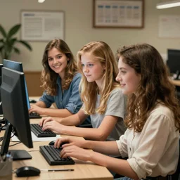 e - girls mob - programming in an office in the style of a norman rockwell painting