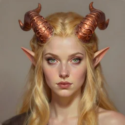 A head-on detailed oil portrait of a pretty elf woman with small curly copper horns on her forehead, long blonde hair and bright irises, by greg rutkowski, trending on artstation, dungeon and dragons art