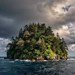 landscape photograph of a forested island surrounded by ocean.