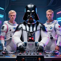 the most amazing dream of disc jockey darth vader astronaut rave, syd mead, dan mumford, moebius, hd, vibrant color, high contrast, digital illustration