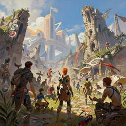 painting of scenes from the crossover of dying light 2 and horizon zero dawn 2, busy, bustling, vibrant, ruins, by conrad roset, by ruan jia, by yoshitaka amano, cgsociety, artstation, portfolio quality.
