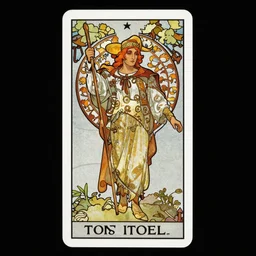 the Fool on a tarot card, tarot in art style by Alphonse Mucha