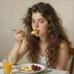 a beautiful portrait painting of a young woman who is eating breakfast. she has long frizzy brown hair. in the style of arthur adams, trending on artstation