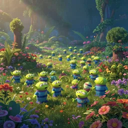 alien landscape in disney style , lots of flowers and vegetation,  cinematic lighting