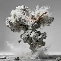 a perfect photograph of an exploding woman made of undulating granite. she is erupting, floating, contorted and tied in a knot. perfect focus, studio lighting, geysers monrovia