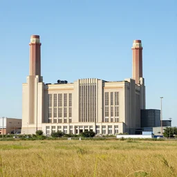 a massive art deco!!! generating station!! middle of a field!!! sunny day! by joshua shaw