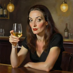 portrait of woman with glass of wine sitting in bar, digital painting, aesthetic, smooth, sharp focus, highly detailed painting by salvador dali, 8 k