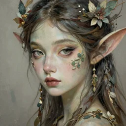 a beautiful dryad, enigmatic beauty, ornamental, muted colors, head in focus, dryad aesthetics, intricate details, elegant, highly detailed, hyperrealistic painting, concept art, painterly, sharp focus, art by emilia elfe