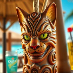 a closeup photorealistic photograph of a cat woman style trader vic's tiki mug featuring the face of cat woman at the beach bar. bright scene. whip. fine detail. this 4 k hd image is trending on artstation, featured on behance, well - rendered, extra crisp, features intricate detail, epic composition and the style of unreal engine.