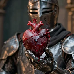film still of closeup the knight holds a bleeding heart in his hand by emmanuel lubezki