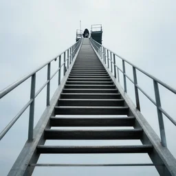 first person view climbing a long steep metal staircase extending into the sky, high sharpness, concept art, dreamlike, highly detailed