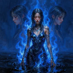 3 d, rain, flame, deep blue mood, sad fashion model, liquid metal and black water, poster art, high detail, intricate oil painting, multiple exposure, heaven mood, hyperrealism, 3 d, by tooth wu and wlop and beeple and greg rutkowski