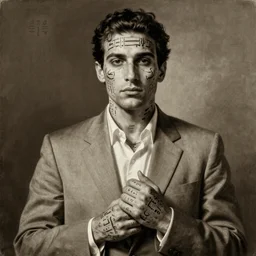 photorealistic sepia painting of a male in a grey suit, nabatean aramaic tattoos on his face and hands, his skin beginning to peel away, by richard corben, atmospheric lighting, brooding, painted, intricate, ultra detailed, well composed, best on artstation, cgsociety, epic, stunning, gorgeous, intricate detail, much wow, masterpiece, cinematic aesthetic octane render, 8 k hd resolution,