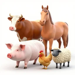 statue of a pig, a cow, a horse, a chicken and a sheep
