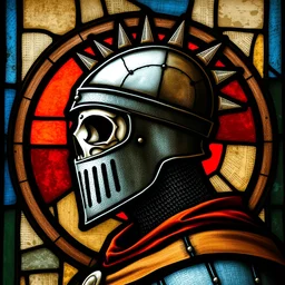 side - view portrait of a knight, skull helmet with spikes on top, tenth century stained glass window, very masterful