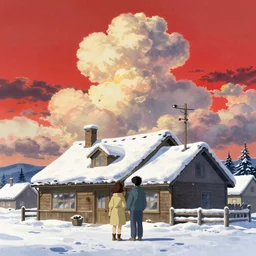 a movie poster featuring a couple of people standing in front of a snow - covered house. sky is red, beautiful sharp tall fluffy clouds, golden hour. a poster by studio ghibli, ukiyo - e, official art, anime key visual