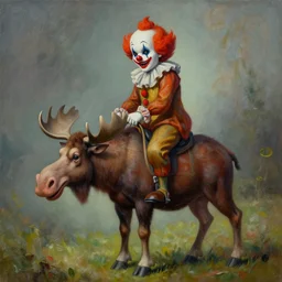 a painting of a creepy clown riding a moose