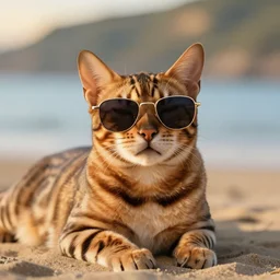 a bengal cat wearing sunglasses, relaxing at the beach, eyes closed, Golden hour, bokeh, monet,