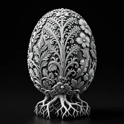 faberge egg porcelain, intricate herbacious details, roots, insanely detailed, bw, shot on 1 5 0 mm, black background, medium contrast, 8 k, volumetric lighting, ornate, fractals, hyper realistic, super detailed, octane render, mucha and gigger, unreal engine