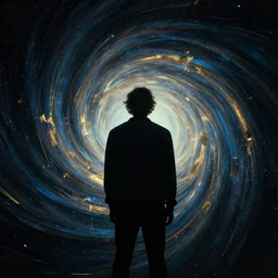 Behind the troubled indecisive man was The portal into his imagination containing a swirling vortex of memories and ideas.  High concept art. Introspective. Blue black gold themed.
